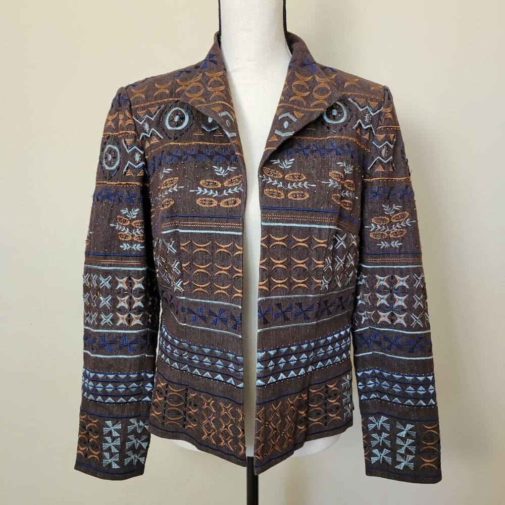 Coldwater Creek Size 6 Beaded Embroidered Open Front Blazer Jacket Southwestern